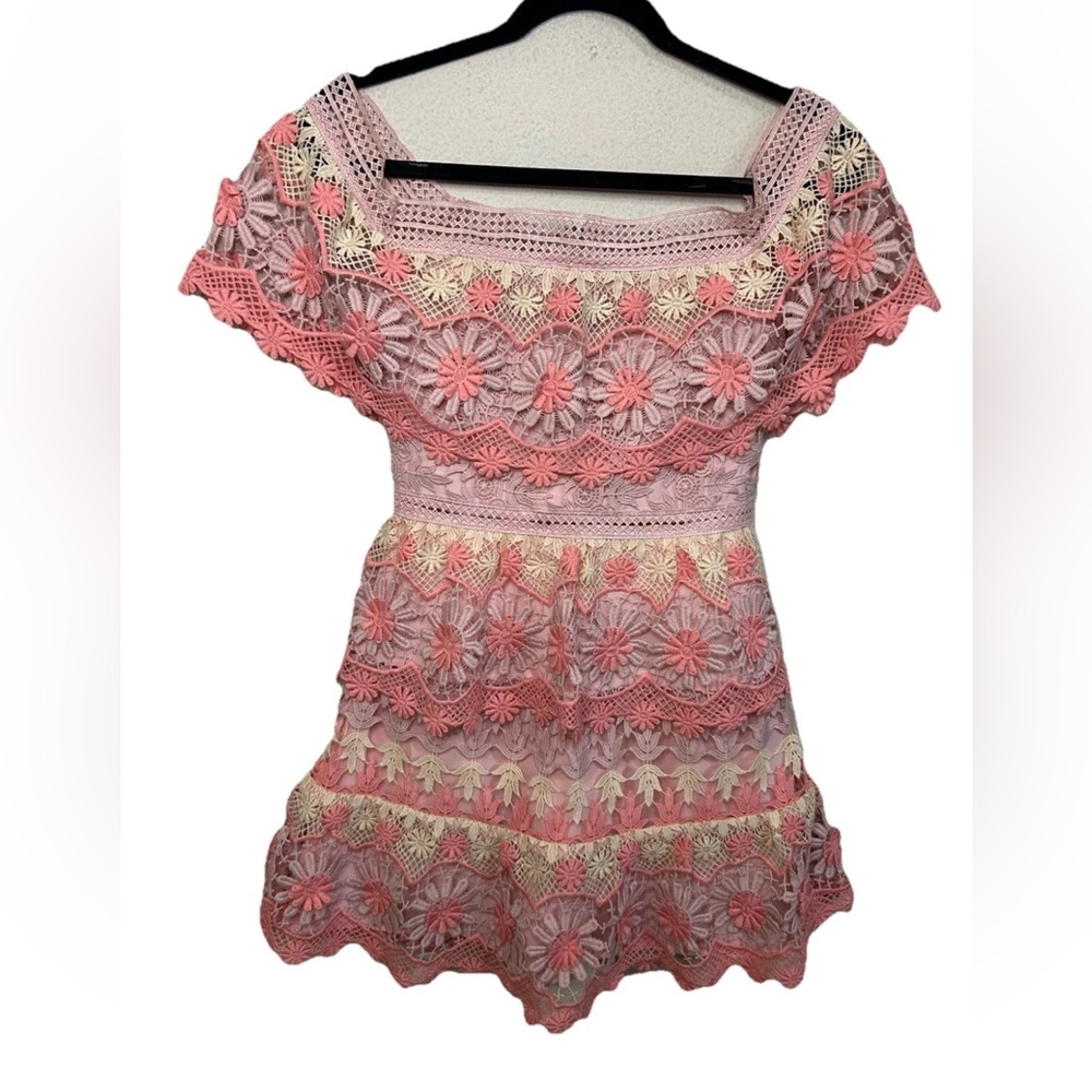 Self-Portrait Pink Floral Lace Off Shoulder Mini Dress Guipure Cocktail XS/S